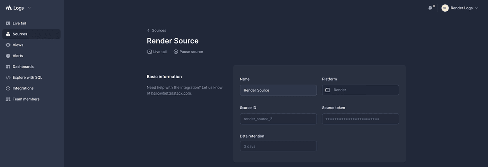 Better Stack source settings