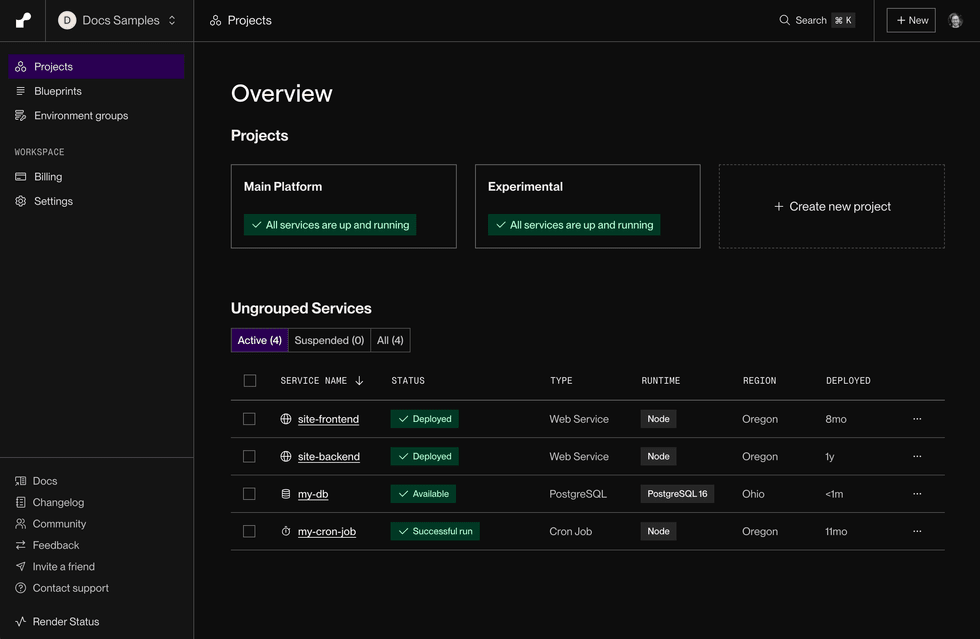 The Render Dashboard