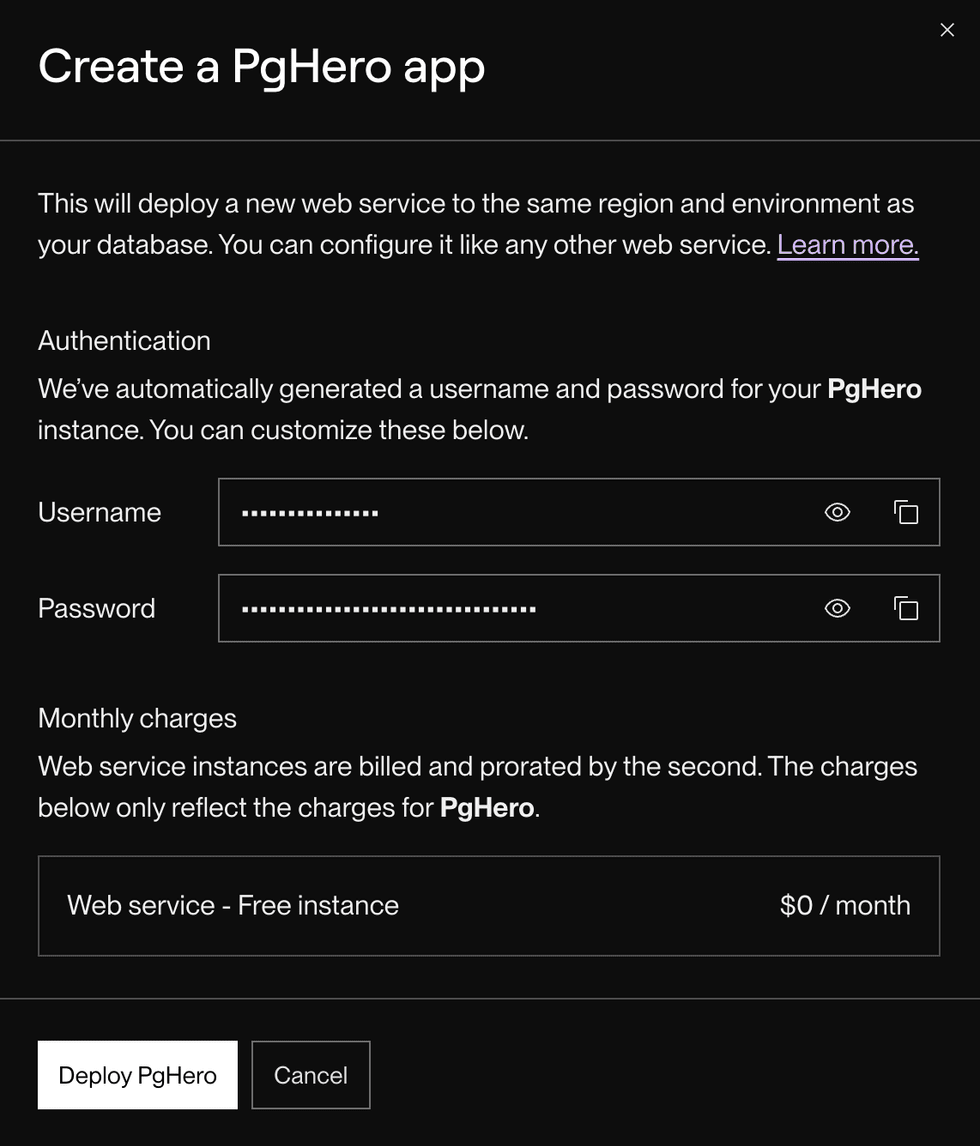 Confirmation dialog for creating a PostgreSQL admin app