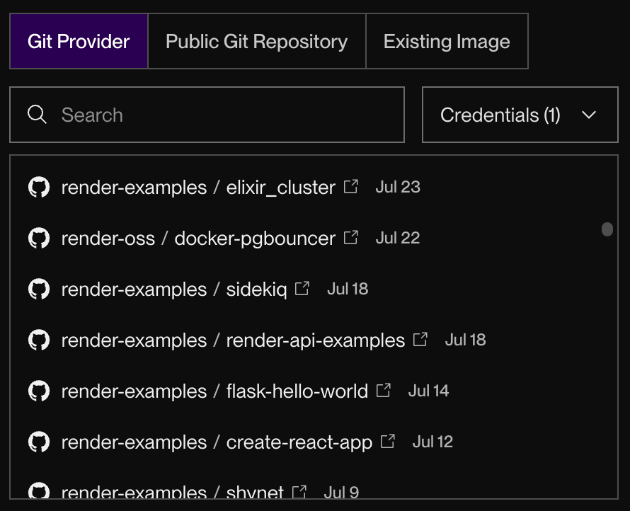 List of GitHub repos in the Render Dashboard