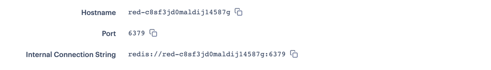 Redis dashboard page showing the hostname, port, internal database URL