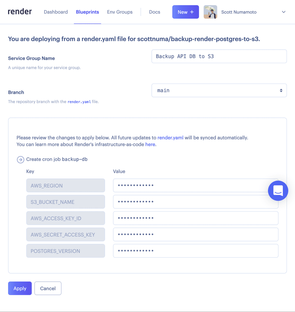 A screenshot of the Render Dashboard filling out the new Blueprint form