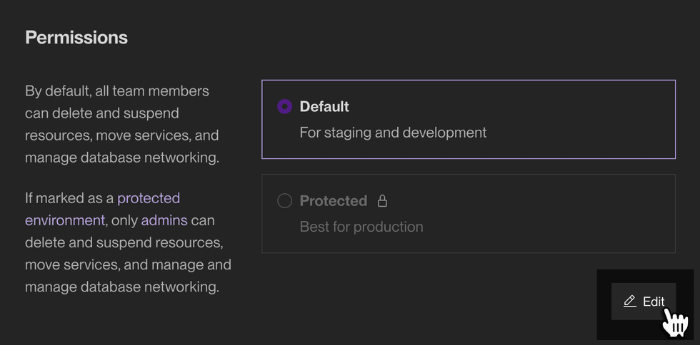 Editing an environment's permissions in the Render Dashboard