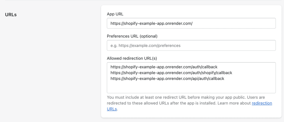 Setting up Shopify callback URLs