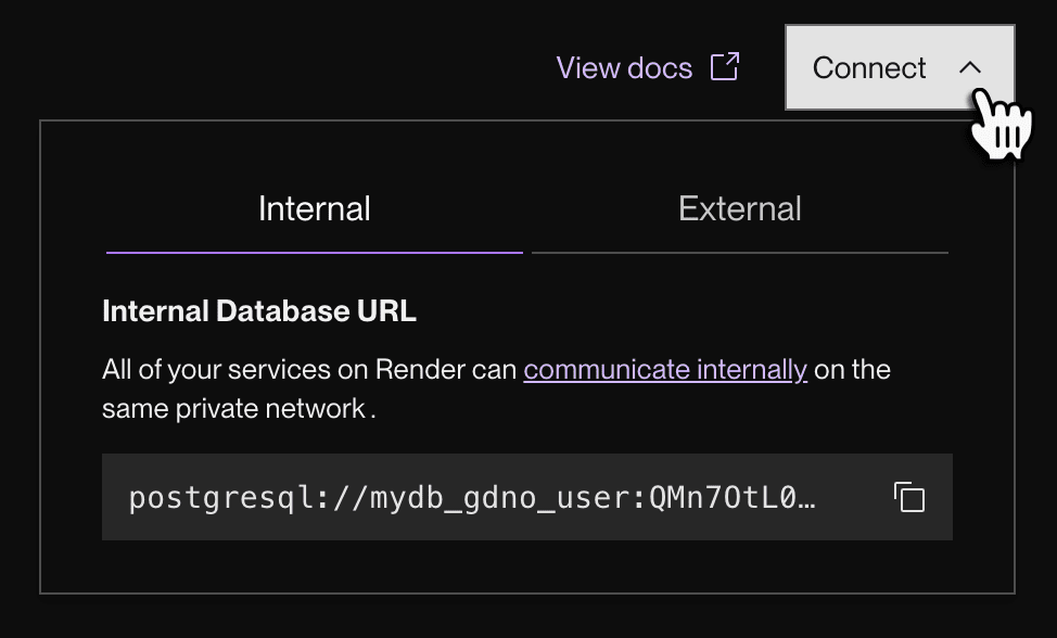 Viewing a database's internal URL