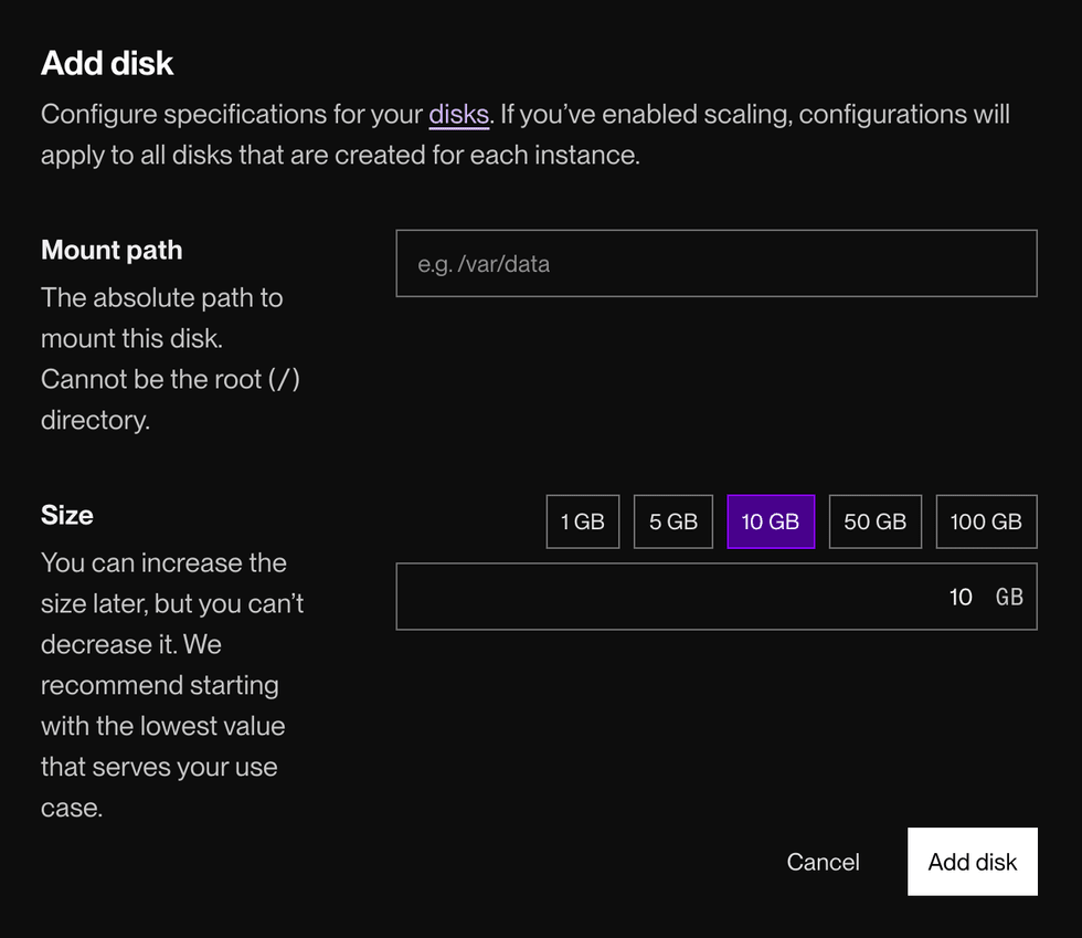 Adding a persistent disk in the Render Dashboard