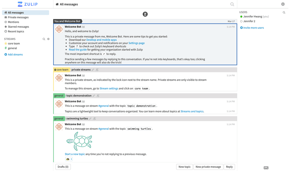 Example Zulip screen showing streams and threads