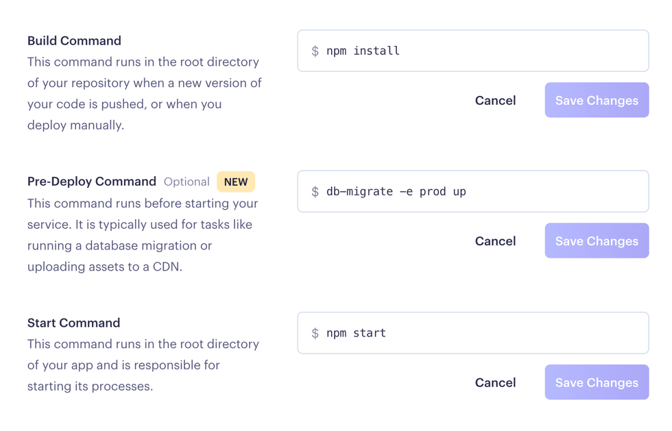 Setting deploy-related commands in the Render Dashboard