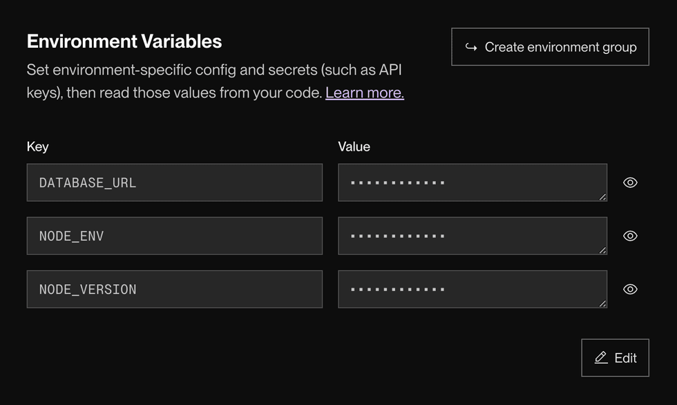 List of environment variables in the Render Dashboard