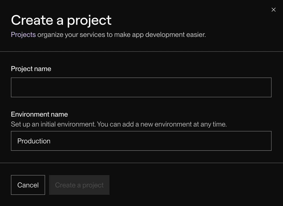 Create a project dialog