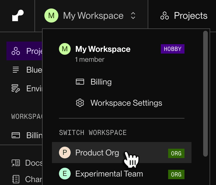 Switching workspaces in the Render Dashboard