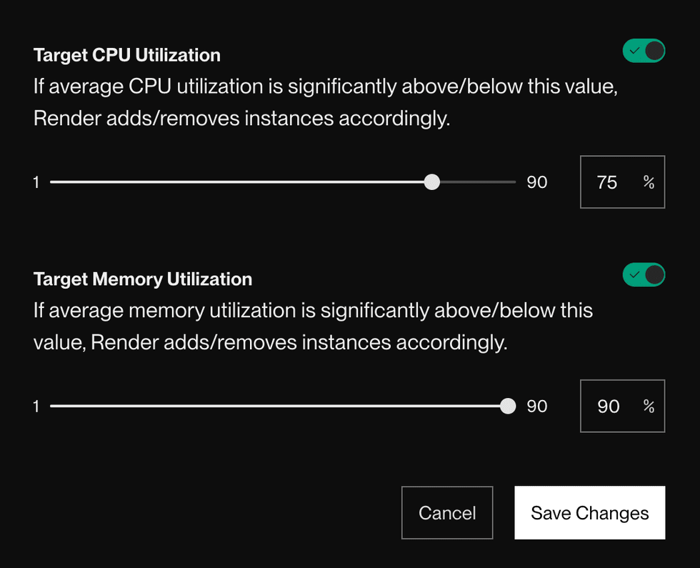 Autoscaling settings in the Render Dashboard