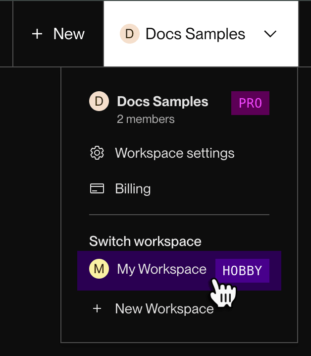 Selecting a newly created workspace in the dropdown