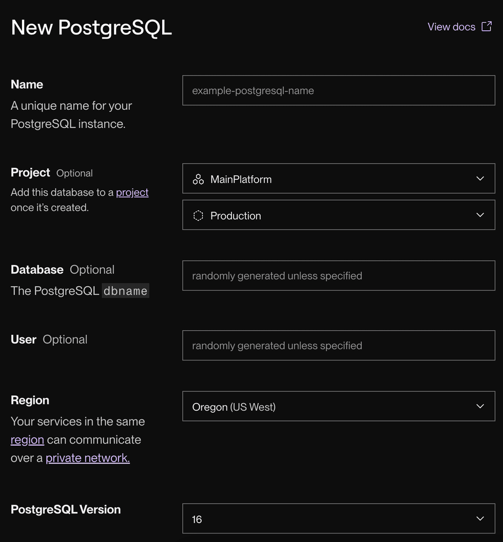 New PostgreSQL creation form.